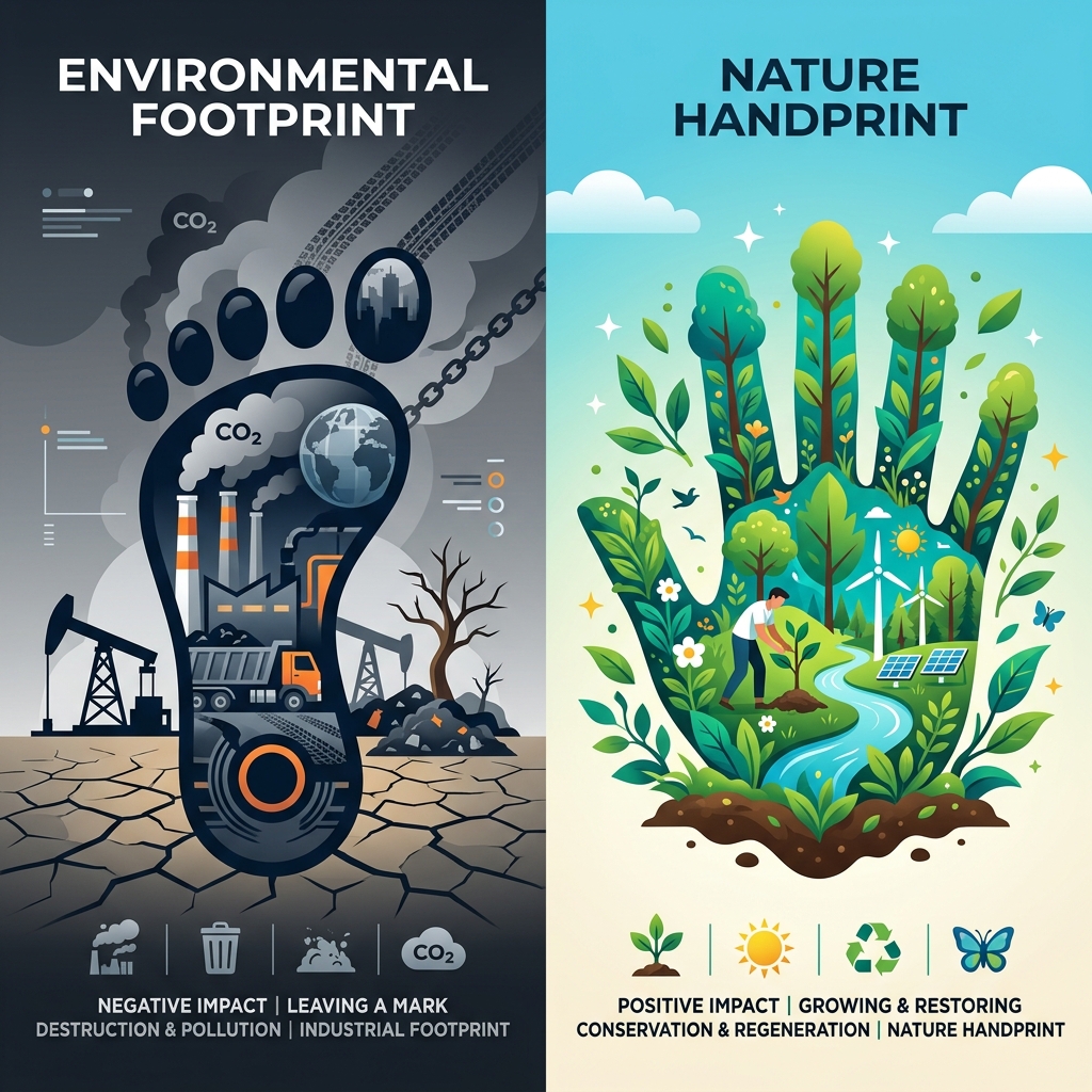 Environmental Footprint vs Nature Handprint concept