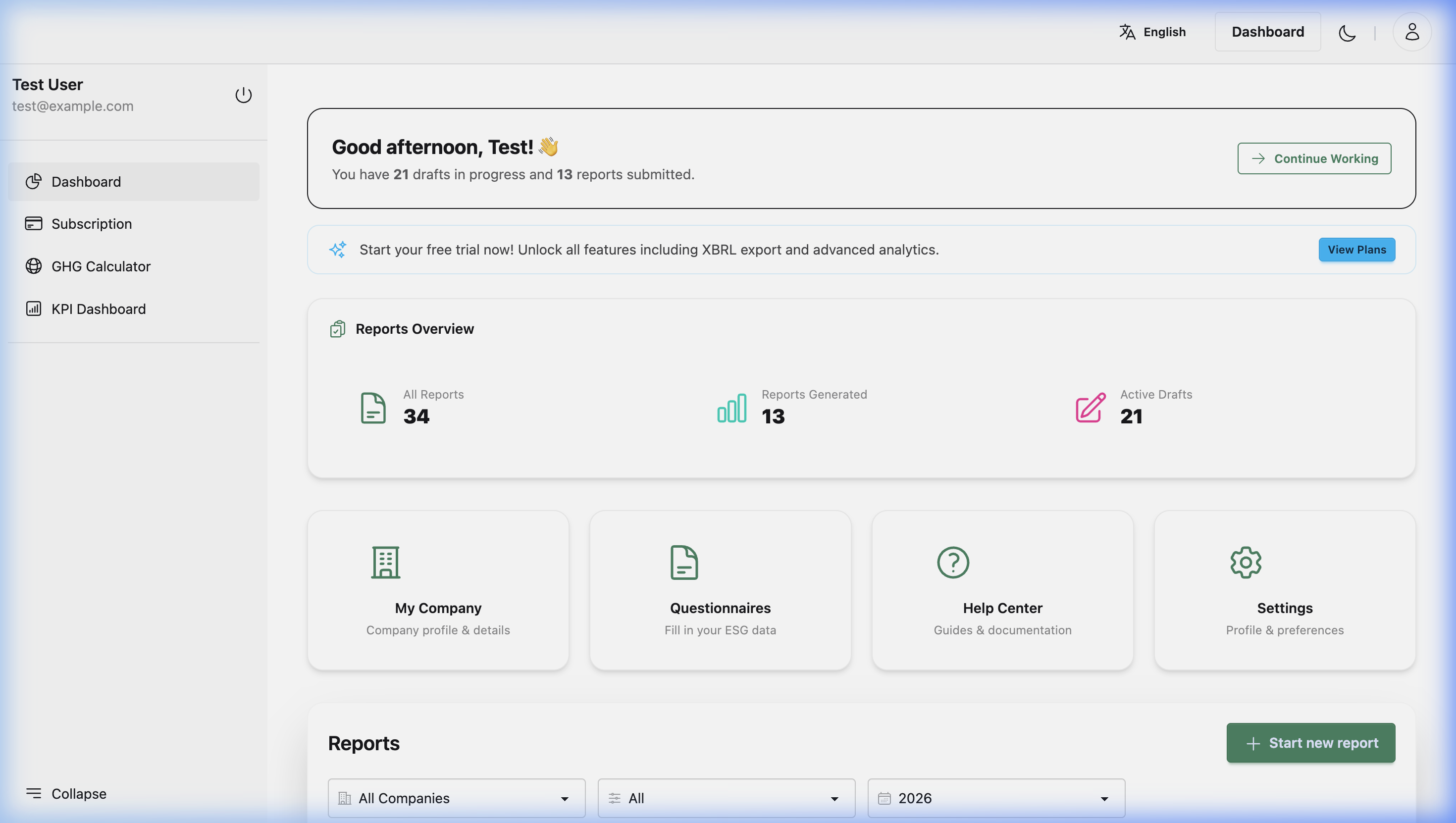 ExecutESG user dashboard showing the Start New Report button